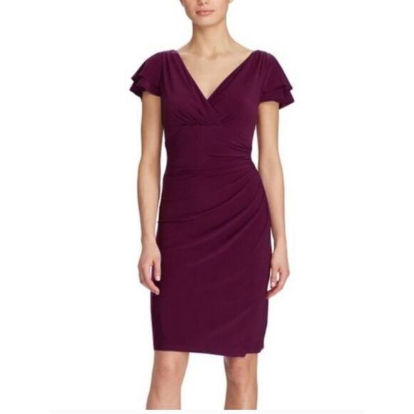 Lauren Ralph Lauren Midi Dress Size 18W Red Burgundy Flutter Sleeve Ruched Waist - Picture 1 of 9